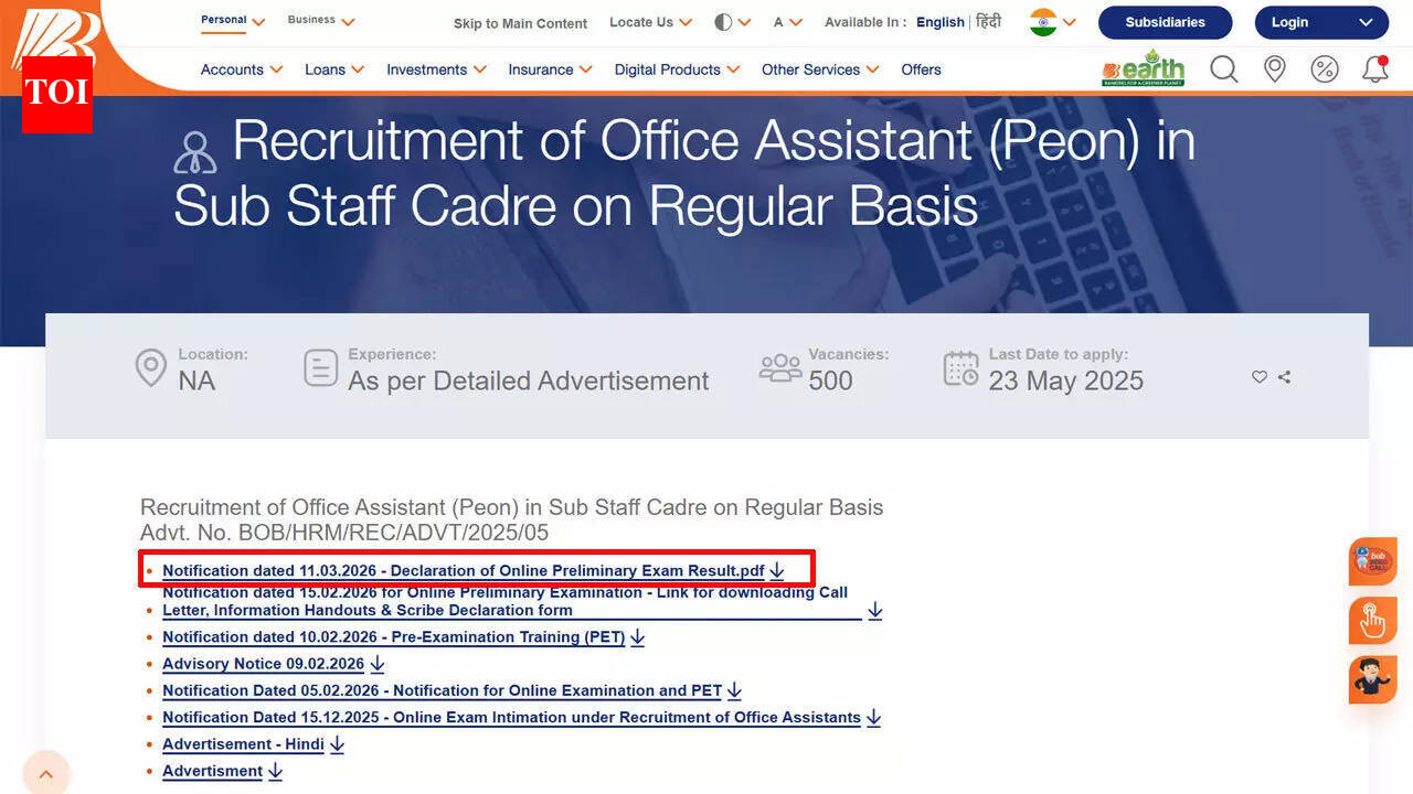 Bob Peon Prelims Result 2026: Bank of Baroda declares Office Assistant preliminary exam result 2026, Main exam on March 22; download PDF here