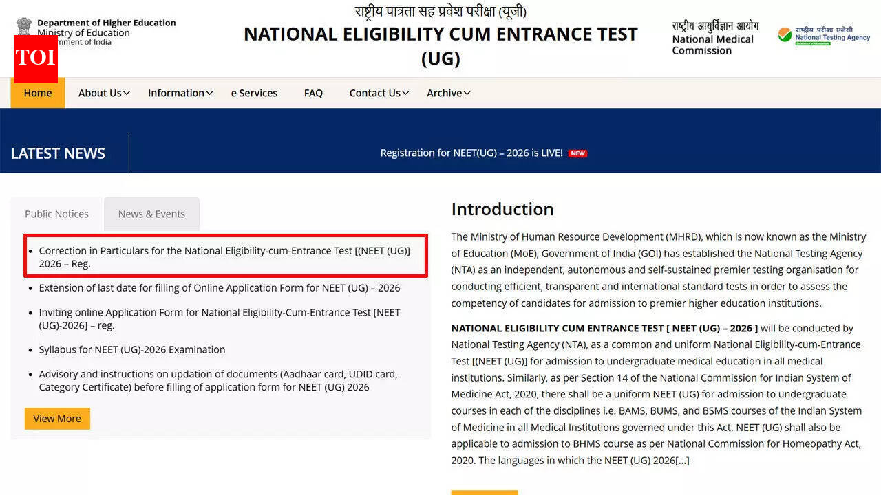 Neet Application Correction Link 2026: NEET UG 2026 correction window to open March 12 at neet.nta.nic.in; check editable fields