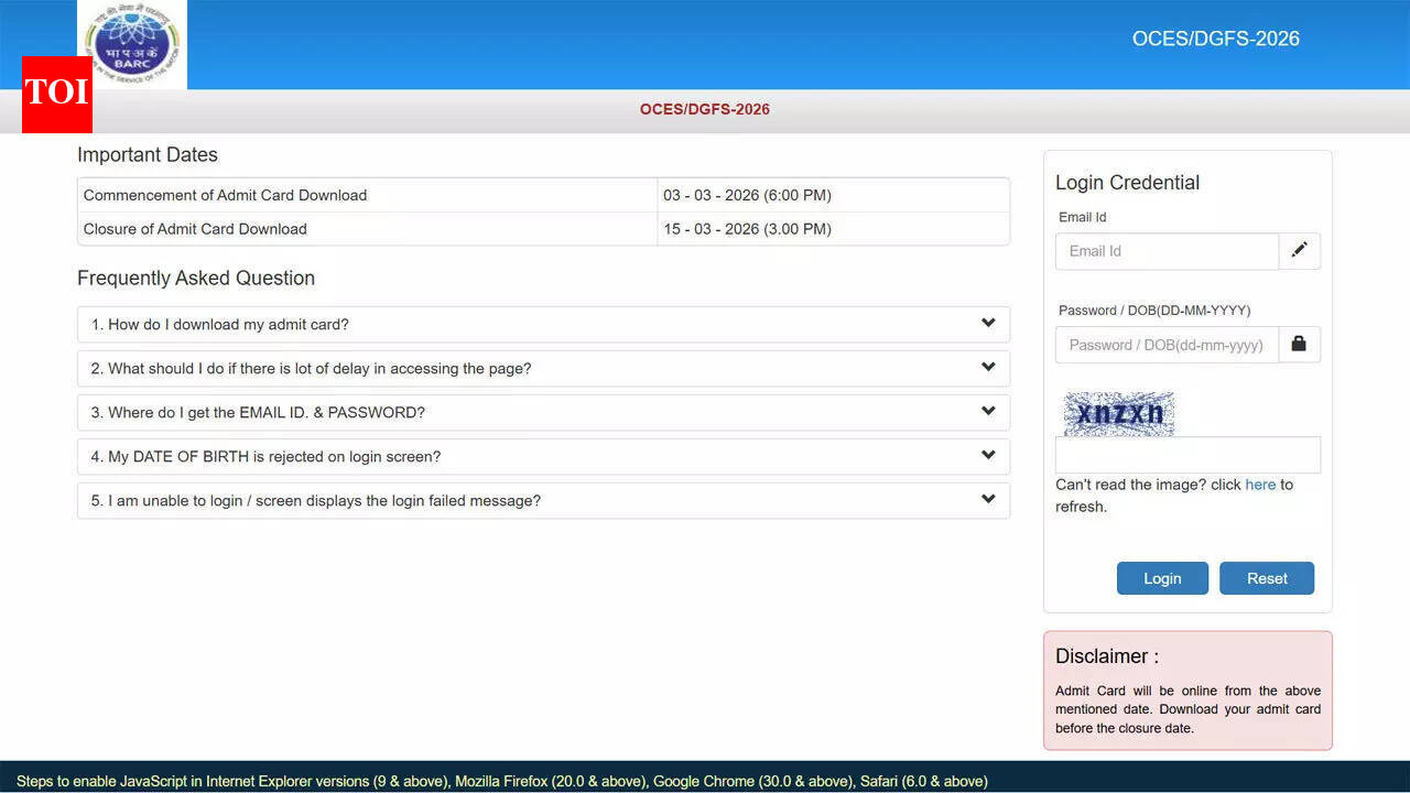 Barc Oces: BARC OCES/DGFS, DDFS 2026 CBT today and tomorrow: Admit card link and key exam details