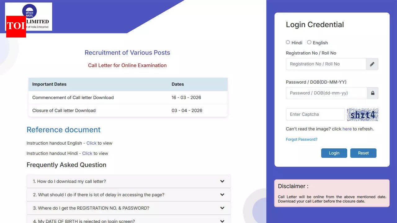 Moil Admit Card 2026: MOIL releases call letters for Graduate and Management Trainee April 3 exam at moil.nic.in; download here