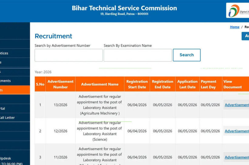 Bihar BTSC lab assistant notification released for 1091 posts at btsc.bihar.gov.in; apply here
