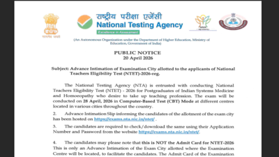 NTA NTET city intimation slip 2026 released at nta.ac.in: Direct link to download here