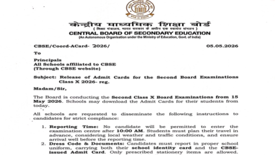 CBSE Class 10 admit card 2026 for second board exam released at cbse.gov.in: Check steps to download hall ticket