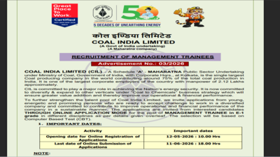 Coal India initiates 660 Management Trainee recruitment notice released: Applications open from May 12