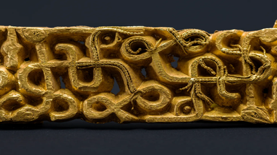 A man walking through the forest stumbled upon a gold sword, hidden beneath a tree for centuries