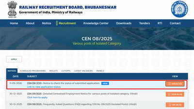 RRB Isolated Categories recruitment 2026 application status released; check direct link here
