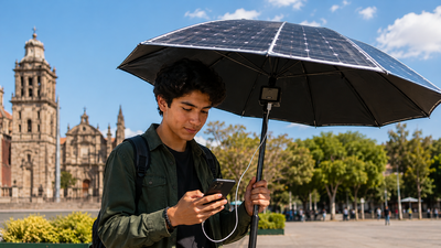 Mexico student designs solar umbrella that turns sunlight into mobile phone power on the go
