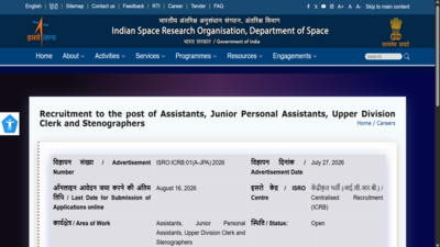 ISRO recruitment 2026: Notification released for 244 Assistant, JPA, UDC and Stenographer posts; direct link to apply here