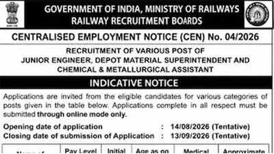 RRB JE Recruitment 2026 notification released for 4,098 technical posts with applications starting August 14; check details here