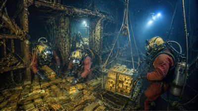 465 Soviet gold bars sank with a British warship in 1942. Nearly 40 years later, divers found the wreck 800 feet below the ocean’s surface in a daring salvage mission
