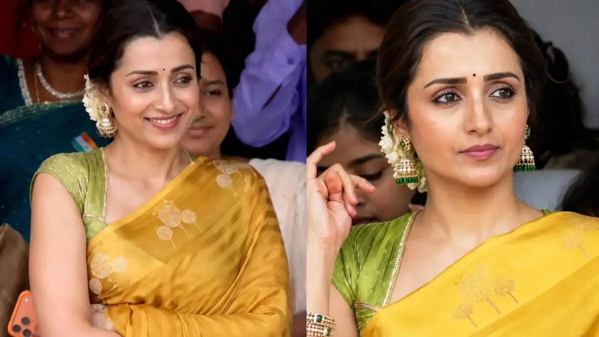 Trisha Krishnan keeps it classic in a mustard saree as she attends CM Vijay’s first Independence Day ceremony