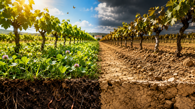 A Spanish vineyard has gone more than 20 years without irrigation or pesticides; its cover-cropped topsoil now has over twice the organic matter of nearby tilled soil