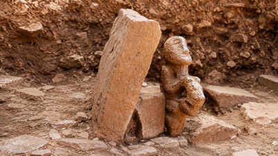 A unique 11,000-year-old statue of a human sitting on a leopard was unearthed at Karahantepe