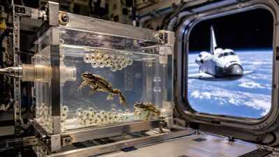 In 1992, Nasa put live frogs and their eggs aboard the Space Shuttle; the eggs were fertilised and developed in microgravity